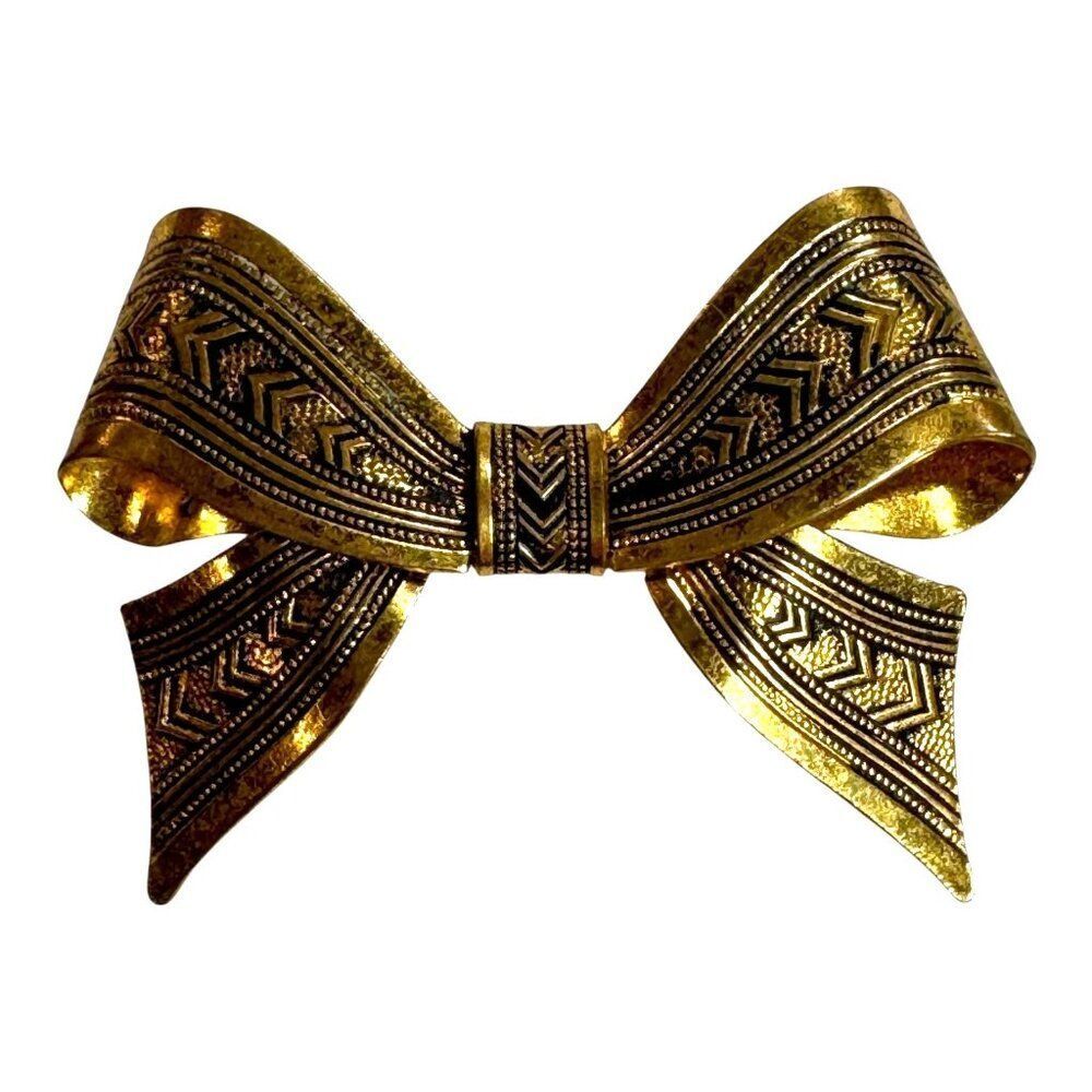 Vintage Gold-Tone Bow Brooch Pin Damascene Engraved Chevron Pattern Art Deco